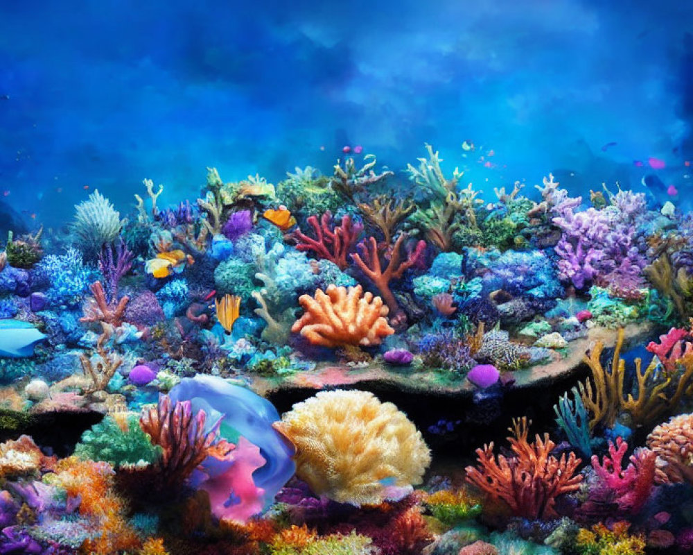 Vibrant Underwater Scene with Colorful Corals and Marine Life