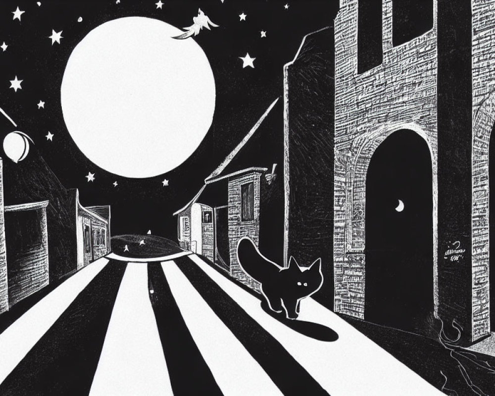 Detailed black-and-white night street scene with full moon, stars, bird, and cat.