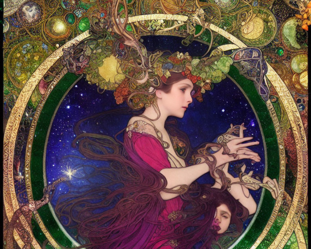 Art Nouveau Style Illustration of Ethereal Women with Floral Adornments