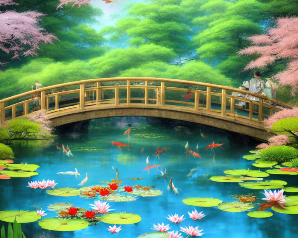 Lush garden scene with wooden bridge over koi pond