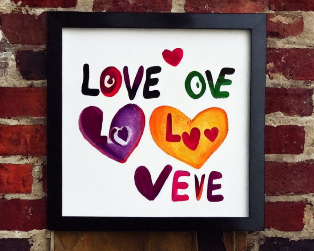 Colorful "LOVE" Artwork with Hearts on Brick Wall