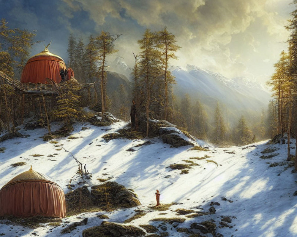 Snowy landscape with elevated hut, person in red, and dramatic sky.