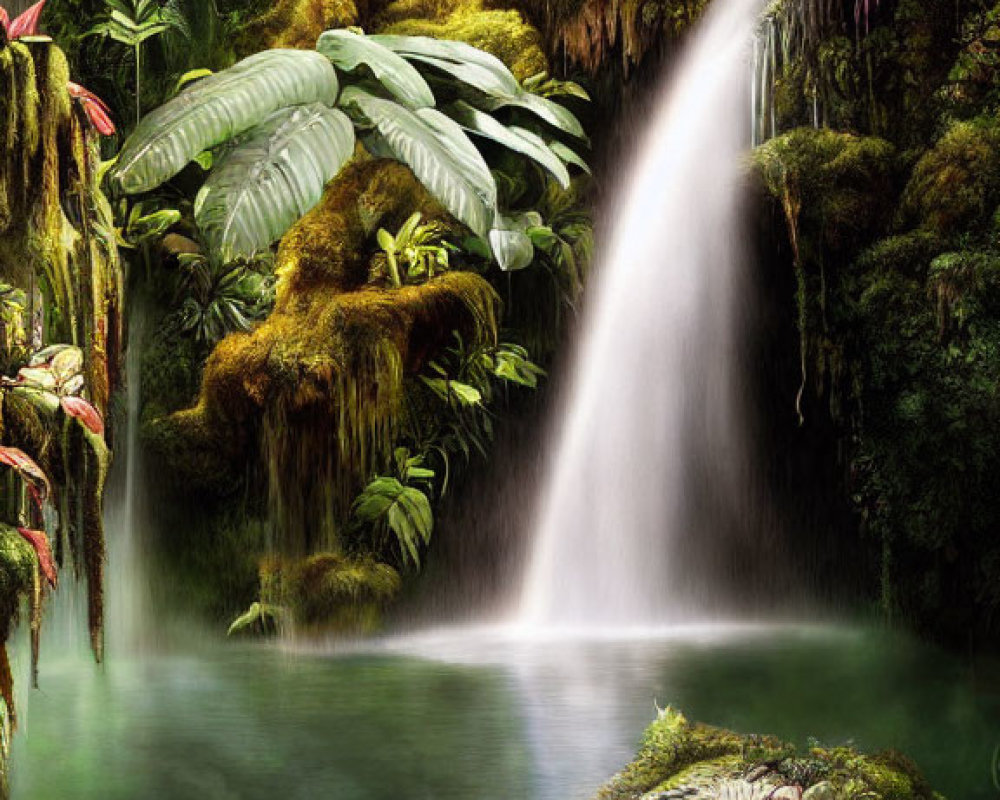 Tranquil waterfall in lush tropical setting