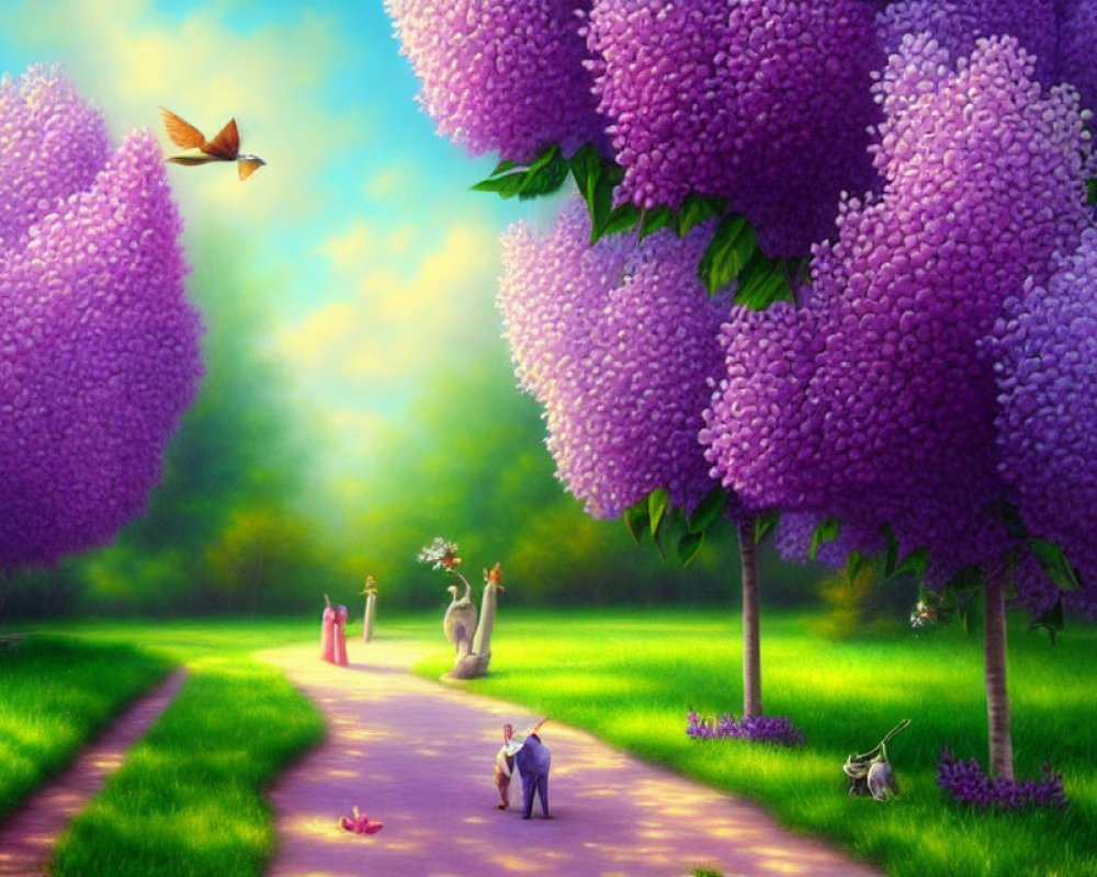Colorful garden path with purple trees, birds, cat, and person in illustration