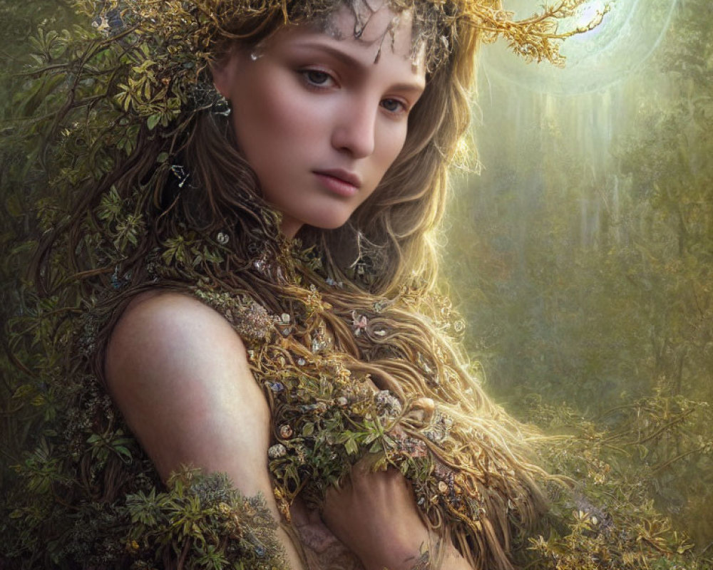 Ethereal woman adorned with branches and moss in forest setting