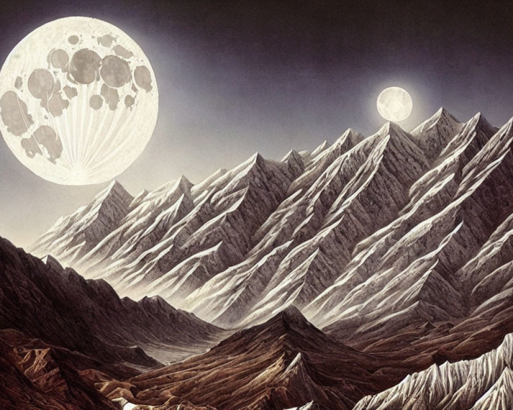 Illustration of mountainous landscape with two moons in night sky