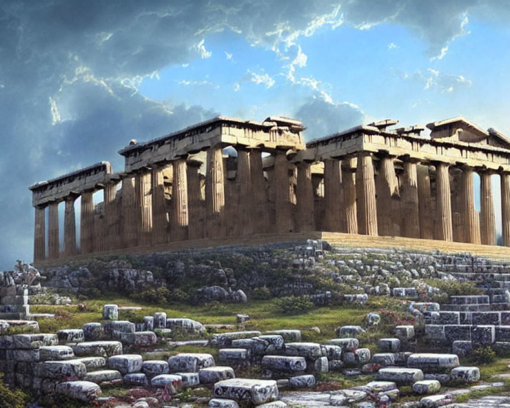 Ancient Greek Parthenon temple surrounded by ruins under dramatic sky