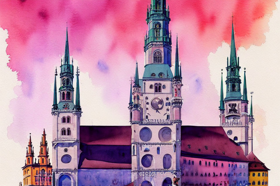 Gothic Style Building Watercolor Painting with Pink and Purple Sky