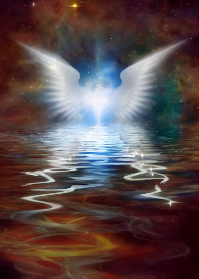 Celestial wings and glowing light over serene water and cosmic sky