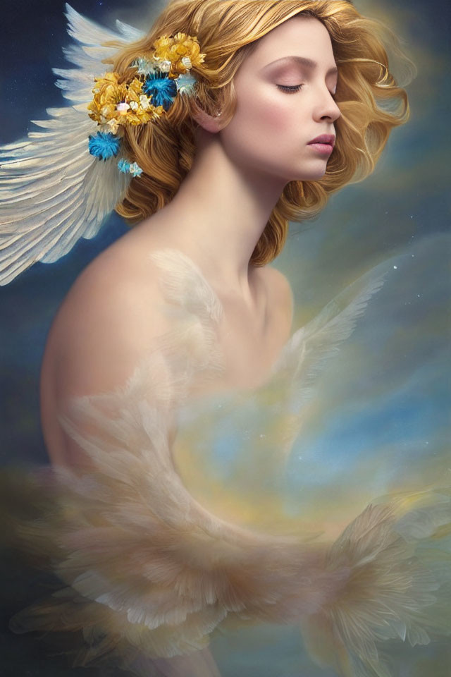 Golden-haired angel with flower crown and feathered wings in serene pose against celestial background