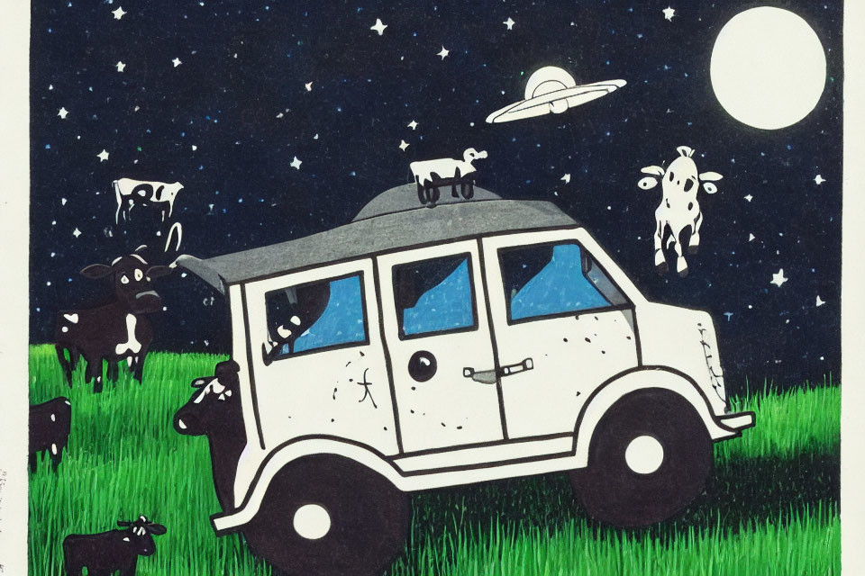 Whimsical nighttime illustration with cows, classic car, UFO, and full moon