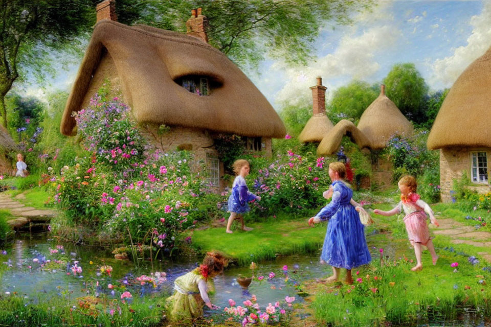 Rural Thatched Cottages, Children Playing by Pond in Flower-filled Landscape