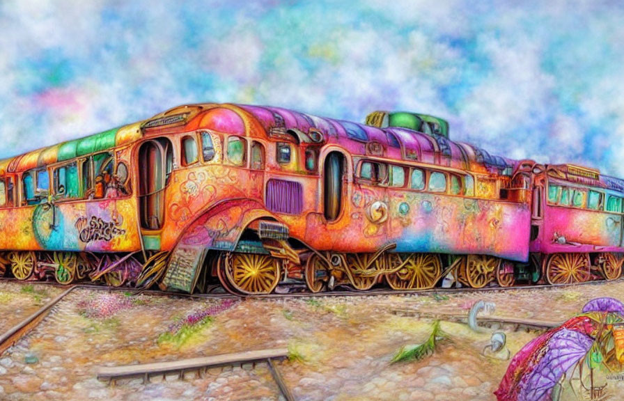 Colorful Psychedelic Train Illustration on Dreamy Background
