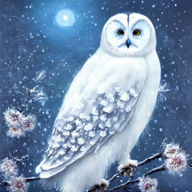 White Snow Owl on a branch