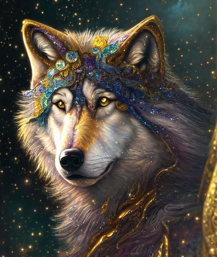 Multicolored jeweled headdress on majestic wolf in cosmic setting