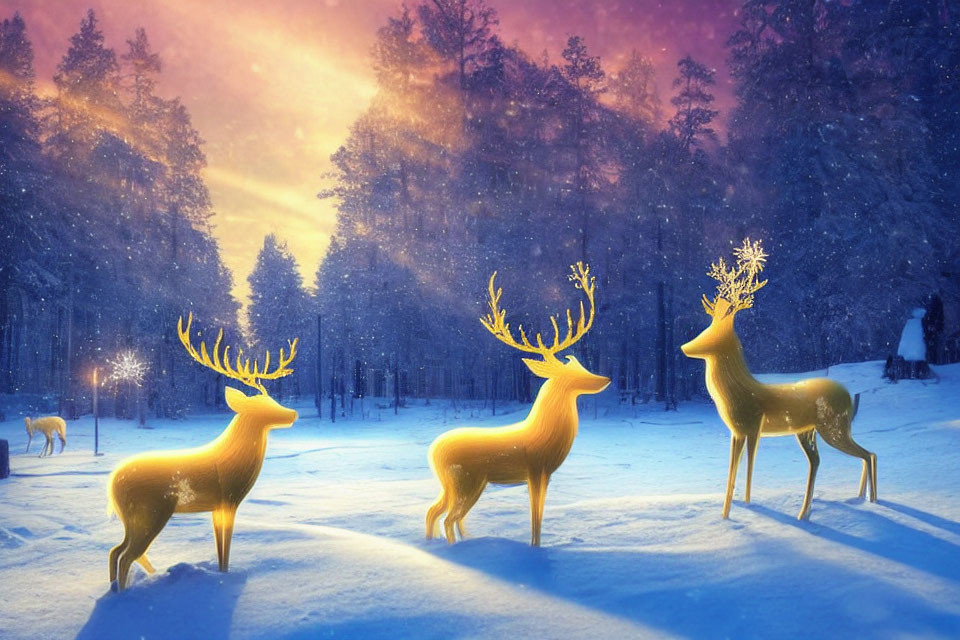 Winter Forest: Glowing Golden Deer in Snowy Sunset Scene