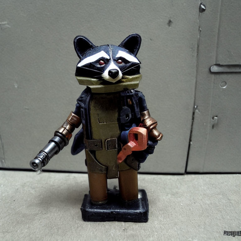 Anthropomorphic raccoon figurine in tactical outfit with sci-fi blaster and wrench