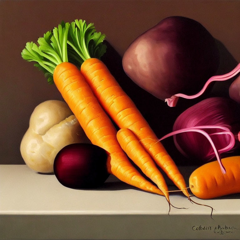 Vegetable still life painting with carrots, onions, and turnip on dark background