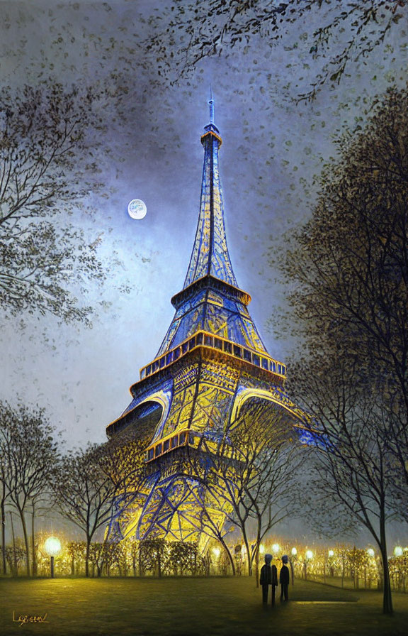 Iconic Eiffel Tower at night with starry sky, people, lampposts,