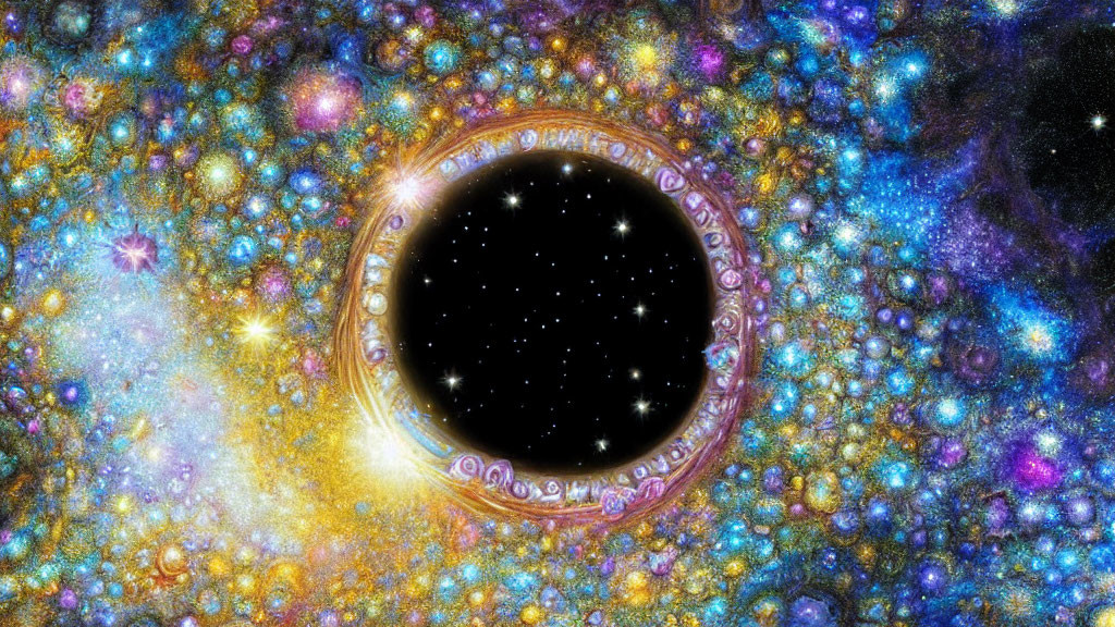 Colorful cosmic scene with black hole and star clusters.