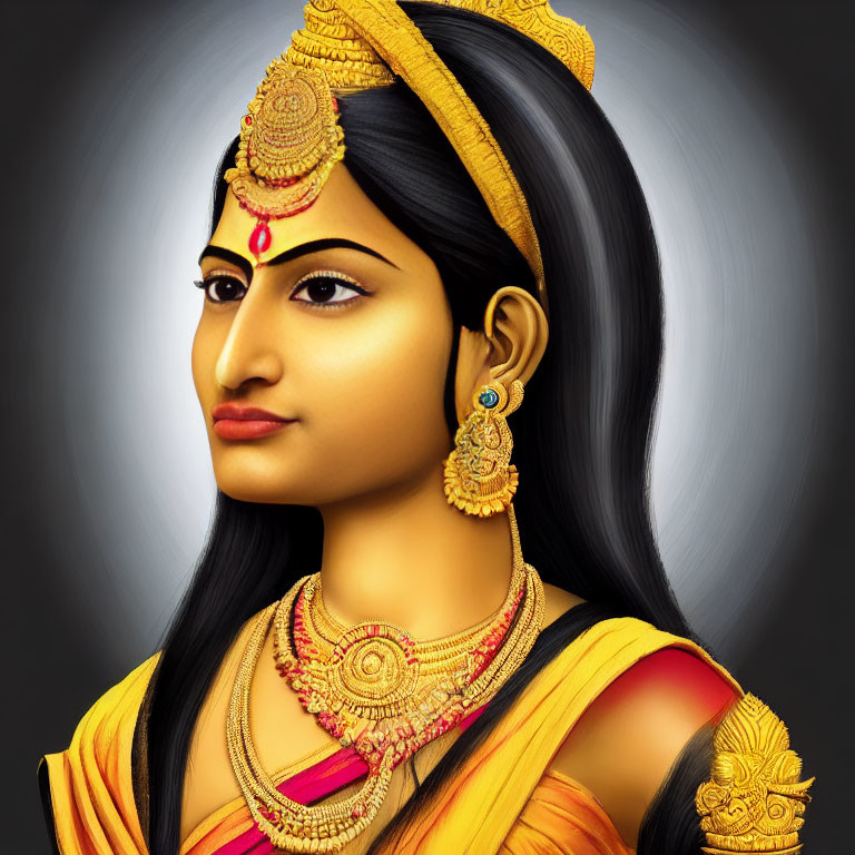 Detailed Digital Illustration of Woman in Traditional Indian Attire