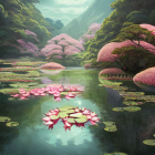 Tranquil pond with water lilies, lotus flowers, and lily pads