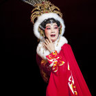 Traditional Asian Attire with Intricate Headdress and Red Clothing