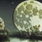 Traditional houses by a lake under surreal moon and starlit sky