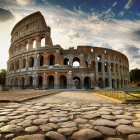 Surreal landscape with Colosseum, cracked ground, moons, tree, and orange sphere