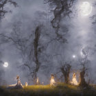Tranquil night landscape with full moon, stars, silhouetted trees, house, people