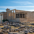 Ancient Greek Parthenon temple surrounded by ruins under dramatic sky