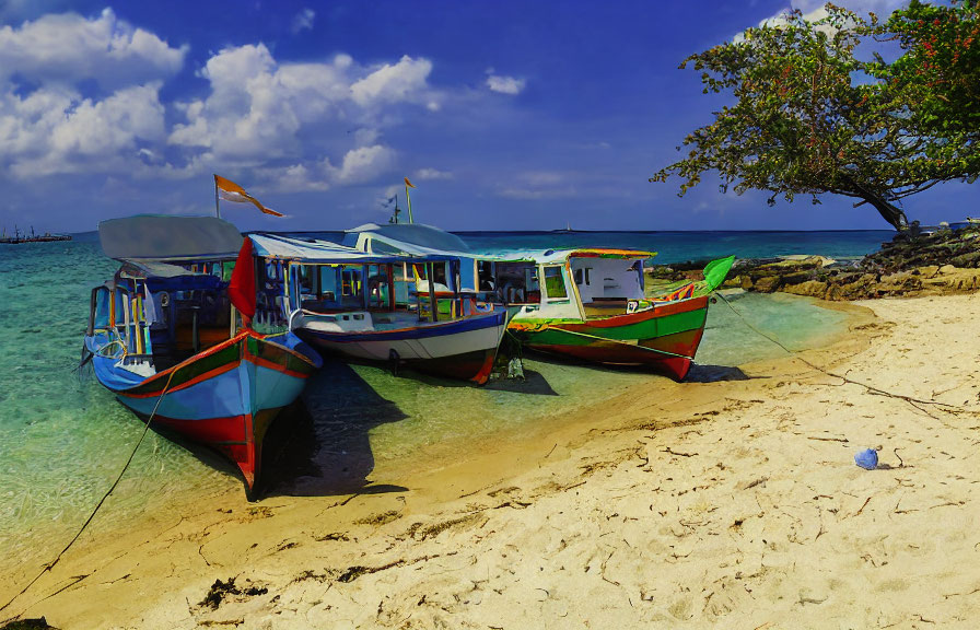 Vibrant boats on sandy shore with clear waters and blue sky