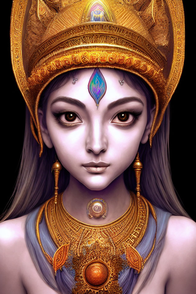Detailed illustration of female character with large eyes and gold headgear and gemstone.