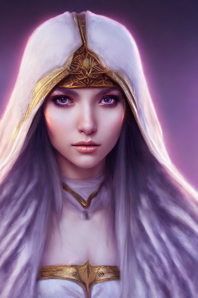 Fantasy female character with violet eyes in white fur cloak and golden headpiece