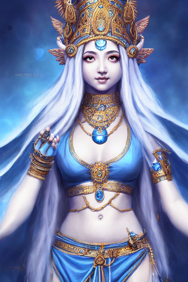 Fantasy character with long silver hair, wearing blue and gold jewelry and attire, featuring mystical third eye