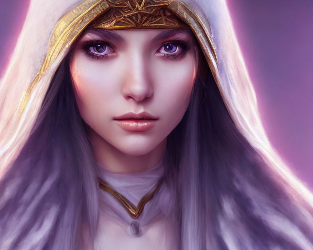 Fantasy female character with violet eyes in white fur cloak and golden headpiece