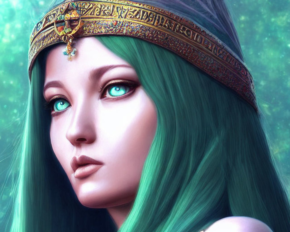 Vibrant teal hair, green eyes, ornate crown with gemstone