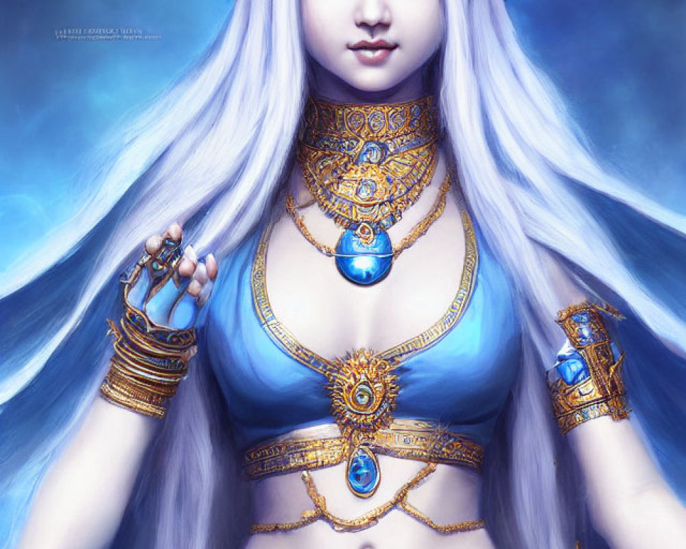 Fantasy character with long silver hair, wearing blue and gold jewelry and attire, featuring mystical third eye