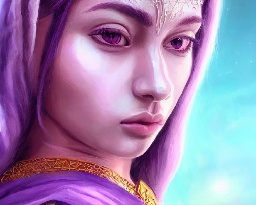 Fantasy digital portrait of female character with purple hair and golden tiara