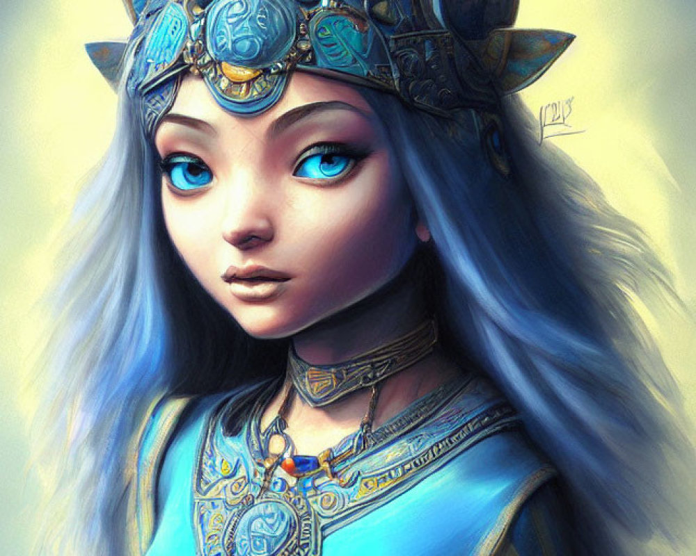 Fantasy character with blue skin, silver hair, and ornate blue armor