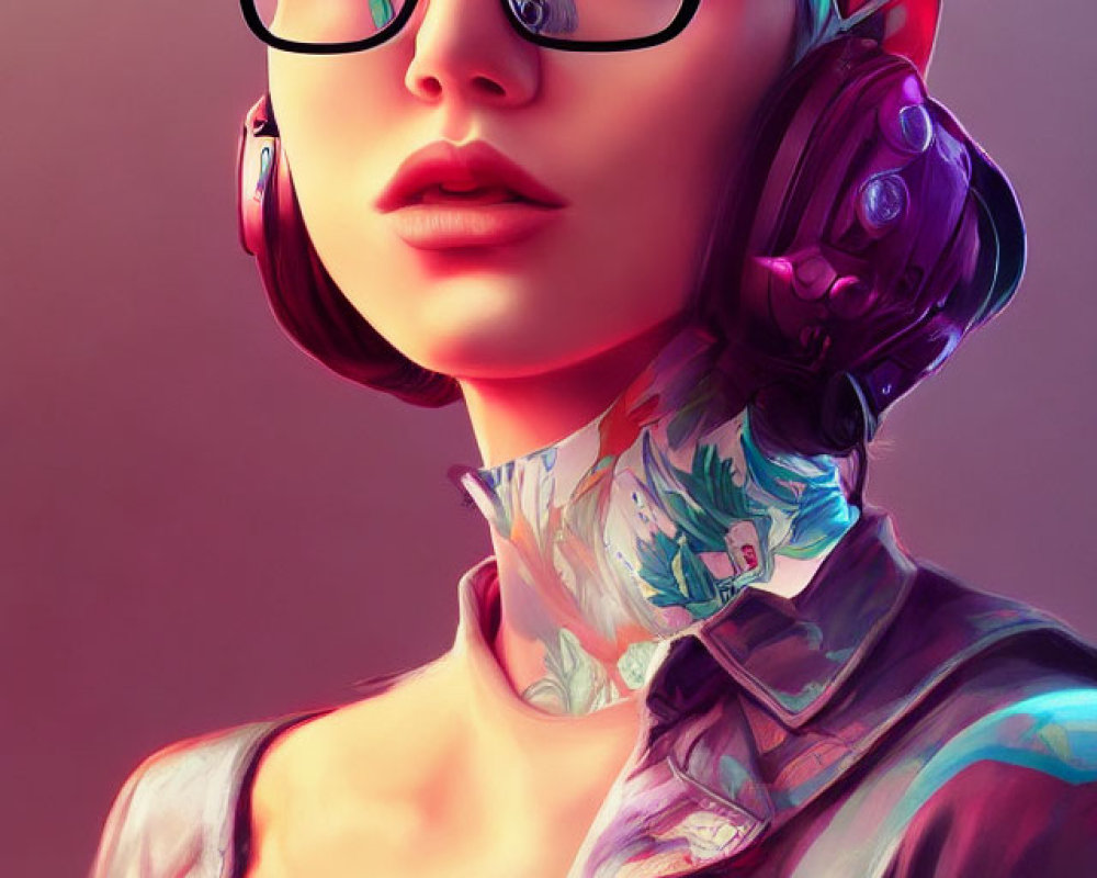 Digital portrait: Person with blue hair, glasses, headphones, and neck tattoo.