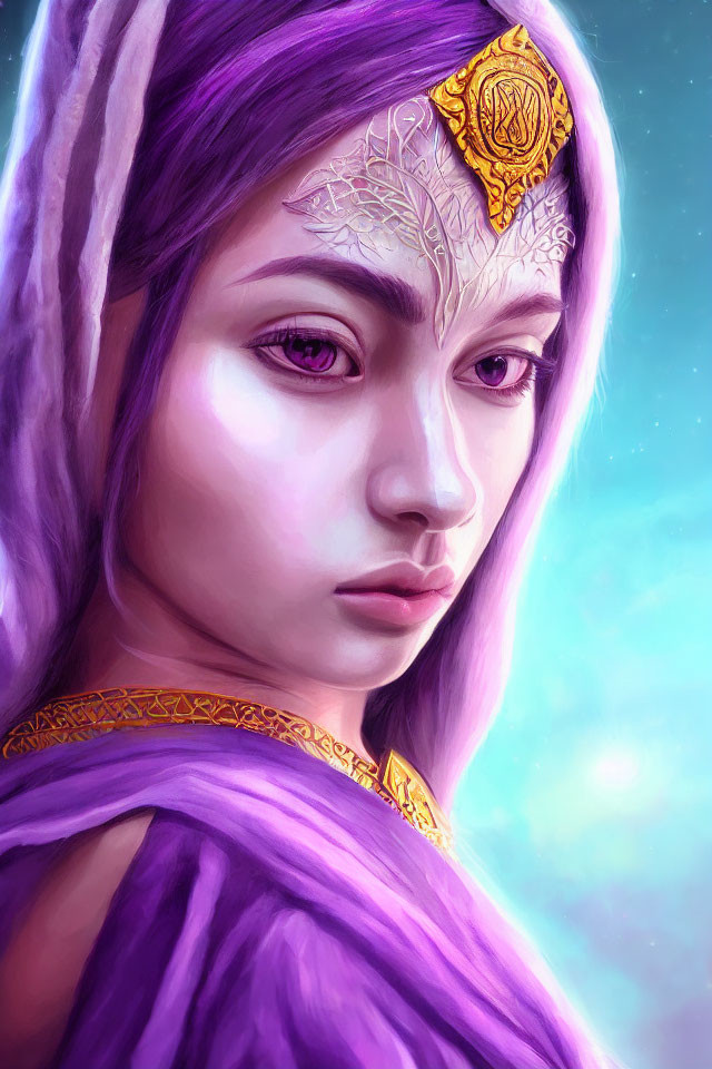 Fantasy digital portrait of female character with purple hair and golden tiara