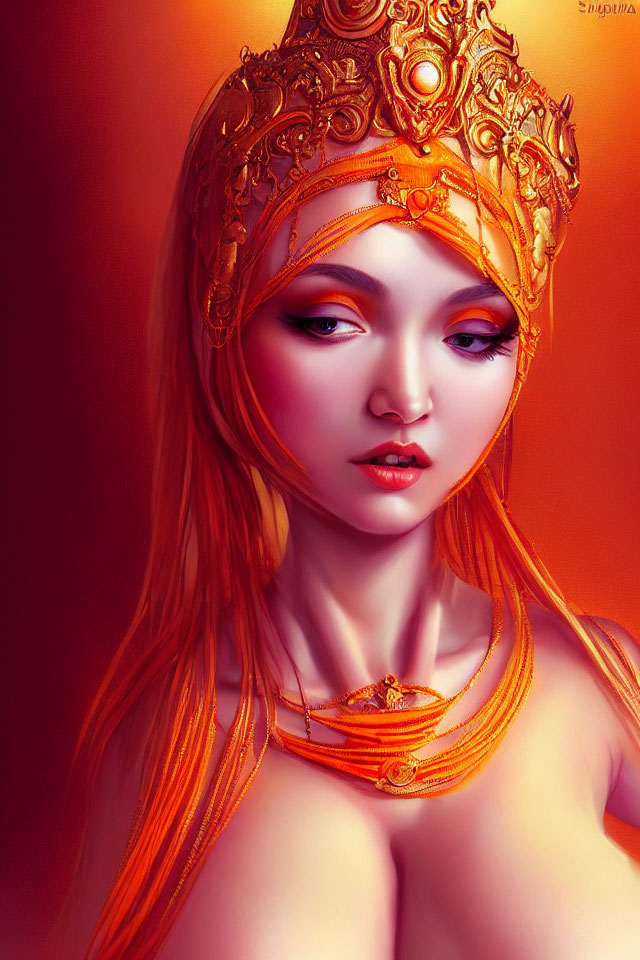Digital illustration of woman with long orange hair and gold crown on red background
