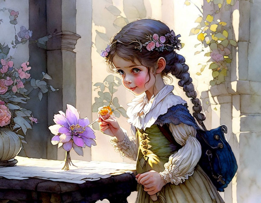 Young girl with flowers in hair admires flower in serene garden scene