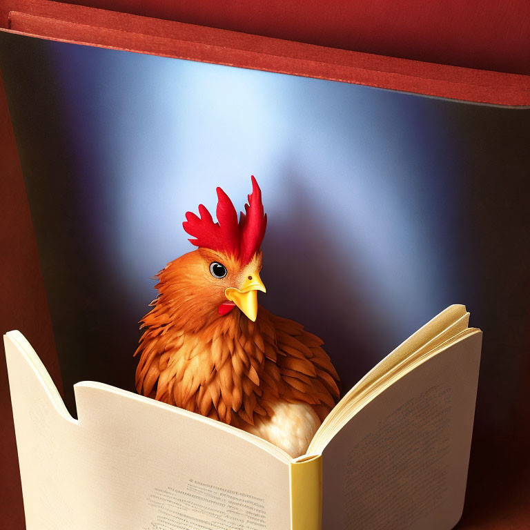 Hen with Red Comb Peeking from Book on Red Surface