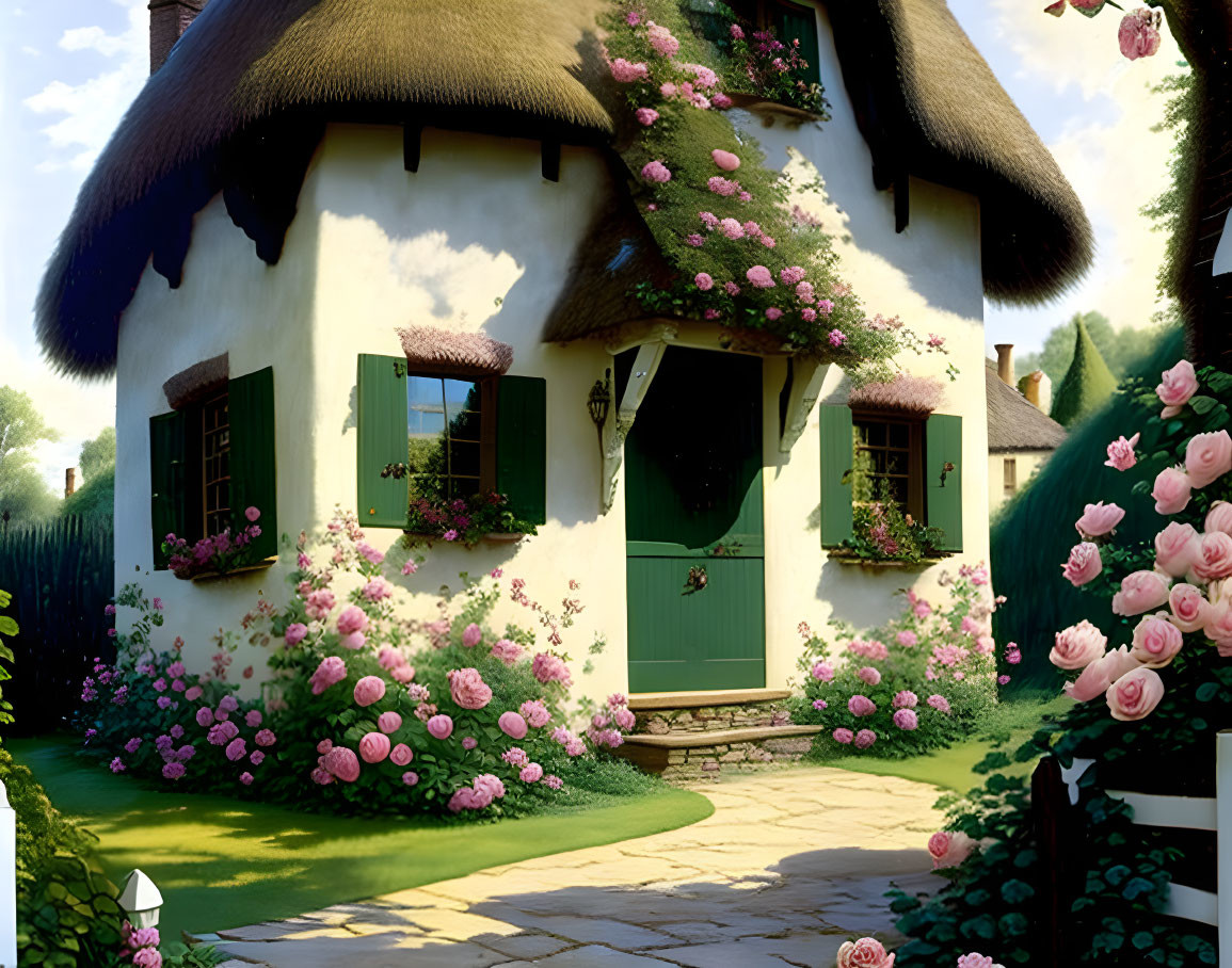Thatched Roof Cottage Surrounded by Pink Roses