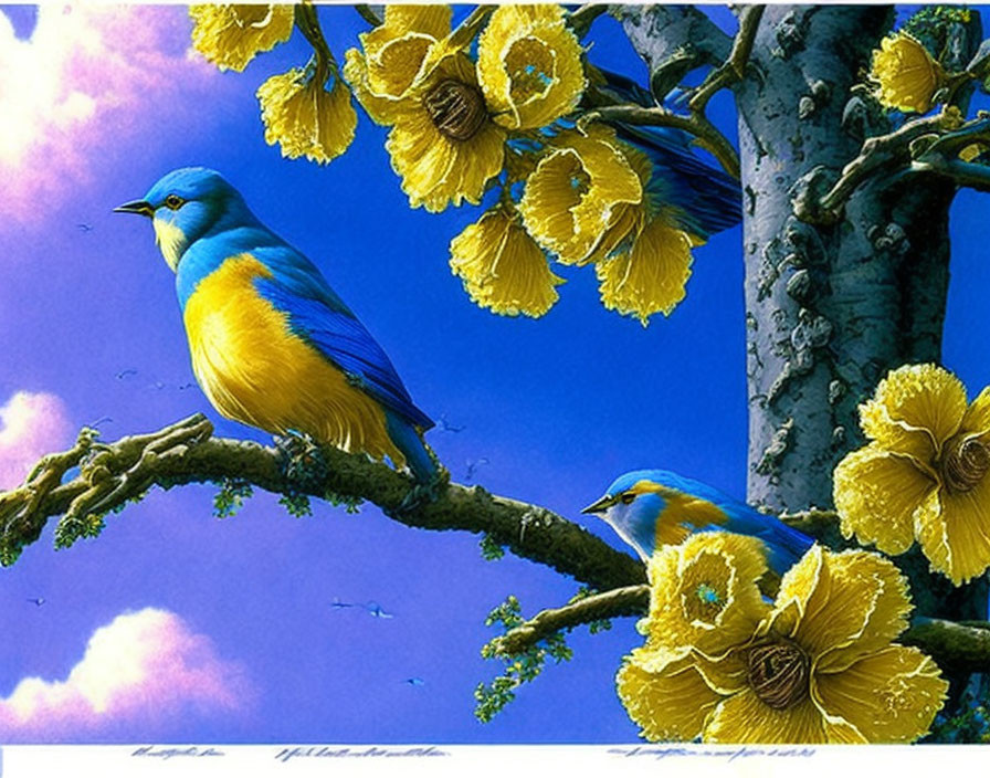 Colorful artwork featuring blue and yellow birds on branch with yellow flowers in blue sky