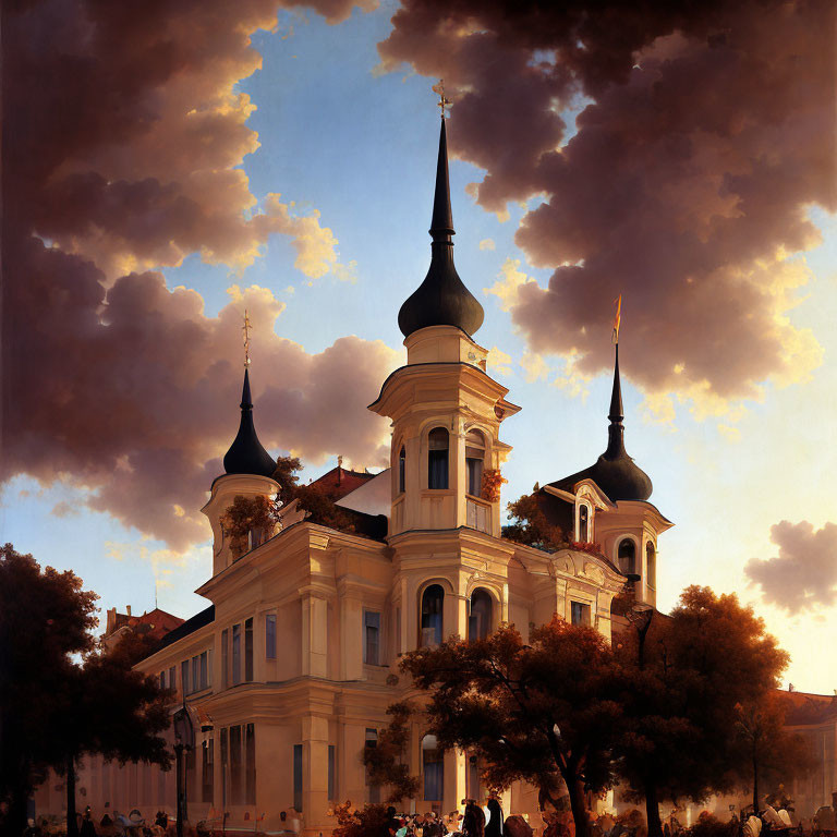 Elegant church illustration with tall spires and serene evening scene