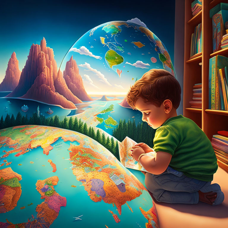 Child reading book next to colorful globe with imaginative landscapes.