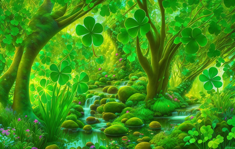 Enchanted forest with luminescent clover leaves and glowing greenery